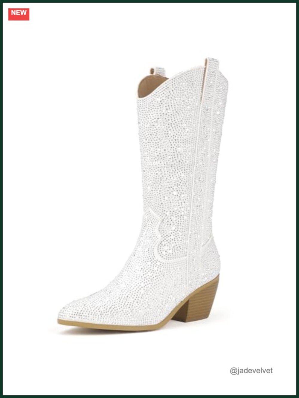 Rhinestone Mid Calf Western Cowgirl Boots Pointed Toe Block Heel